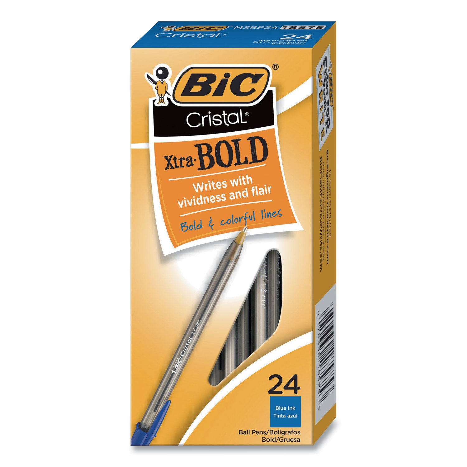 BIC Cristal Xtra Bold Ballpoint Pen, Stick, Bold 1.6 mm, Blue Ink, Clear Barrel, 24/Pack (MSBP241BLU)