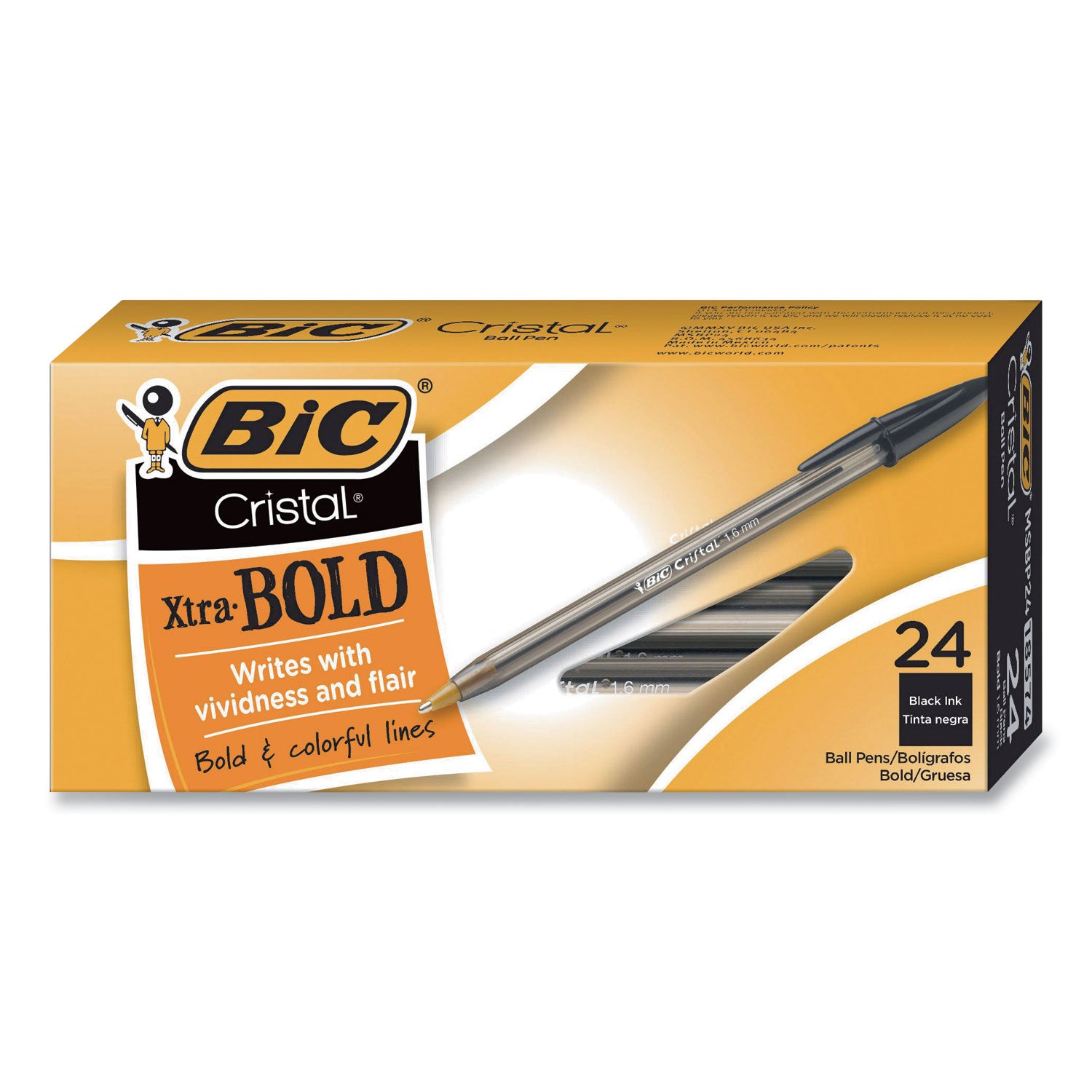 BIC Cristal Xtra Bold Ballpoint Pen, Stick, Bold 1.6 mm, Black Ink, Clear Barrel, 24/Pack (MSBP241BLK)