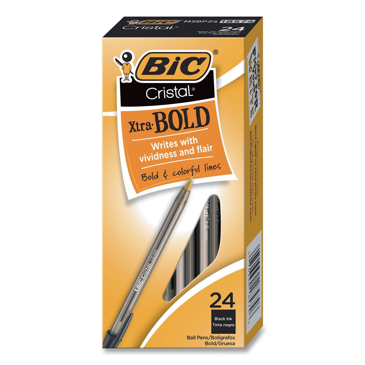 BIC Cristal Xtra Bold Ballpoint Pen, Stick, Bold 1.6 mm, Black Ink, Clear Barrel, 24/Pack (MSBP241BLK)