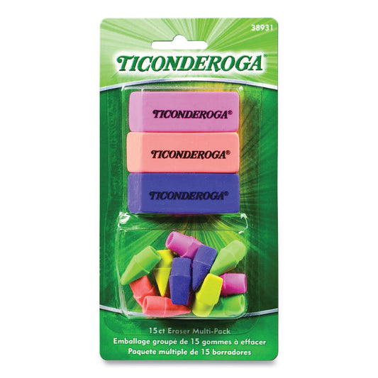 Ticonderoga Neon Eraser Multipack, For Pencil Marks, (12) End-Cap Erasers, (3) Block Erasers, Assorted Colors (38931)