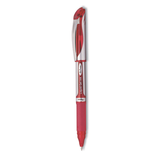 Pentel EnerGel Deluxe Gel Pen, Stick, Medium 0.7 mm, Red Ink, Silver/Red Barrel, Dozen (BL57BDZ)