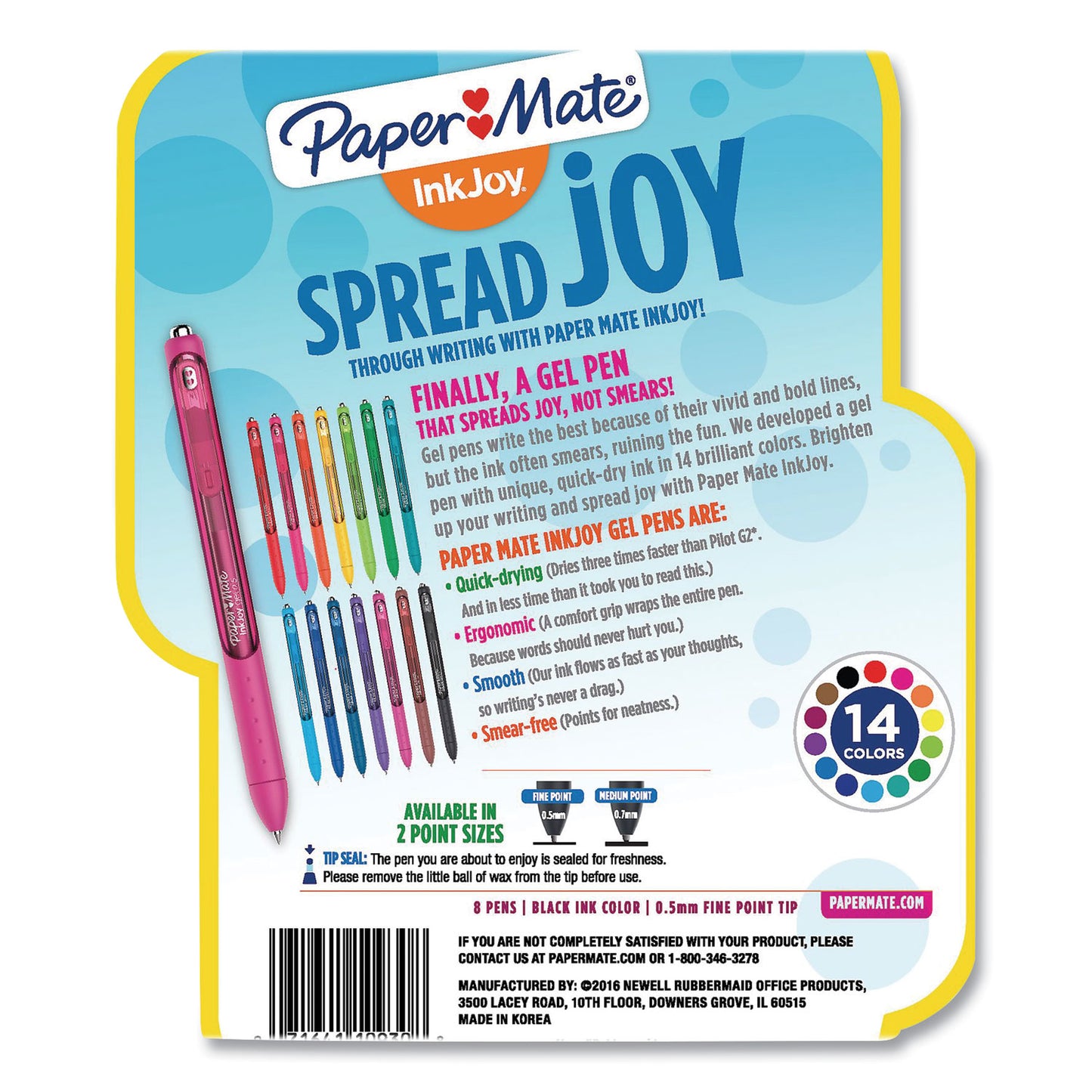 Paper Mate InkJoy Gel Pen, Retractable, Fine 0.5 mm, Black Ink, Black/Smoke Barrel, 8/Pack (1968613)