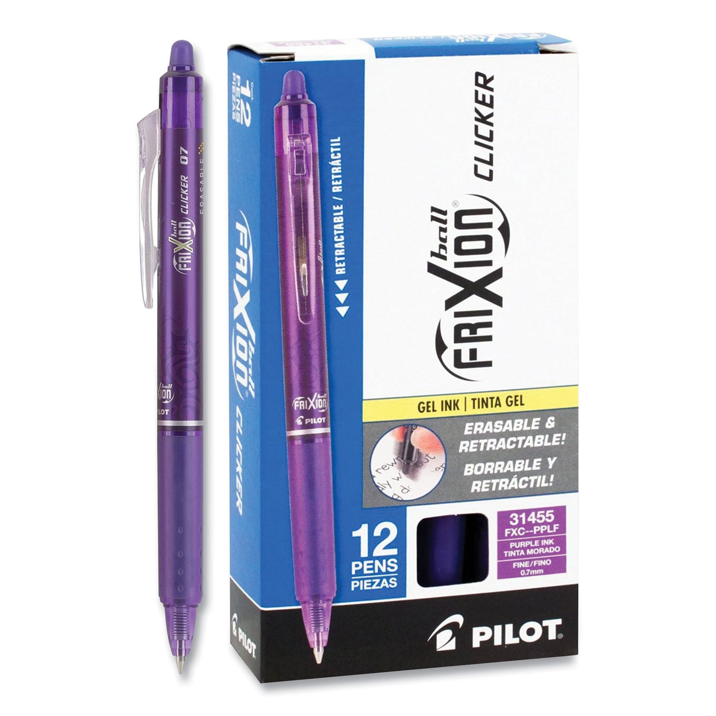 Pilot FriXion Clicker Erasable Gel Pen, Retractable, Fine 0.7 mm, Purple Ink, Purple Barrel, Dozen (31455)