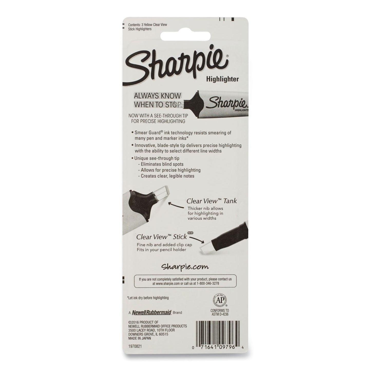 Sharpie Clearview Pen-Style Highlighter, Fluorescent Yellow Ink, Chisel Tip, Yellow/Black/Clear Barrel, 3/Pack (1950745)