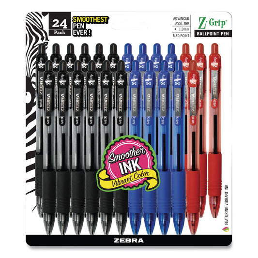 Zebra Z-Grip Ballpoint Pen, Retractable, Medium 1 mm, Assorted Ink and Barrel Colors, 24/Pack (12224)