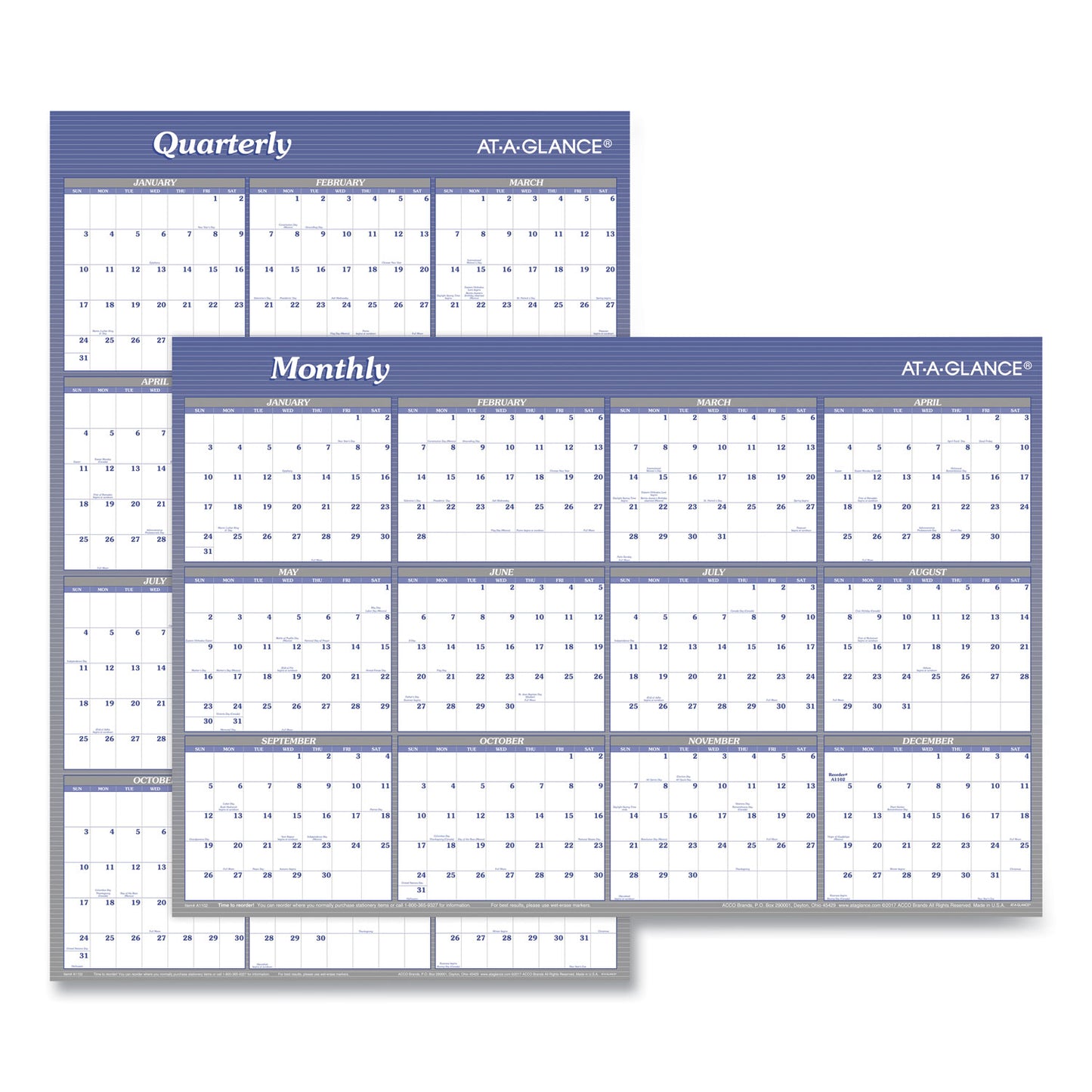 AT-A-GLANCE Vertical/Horizontal Erasable Quarterly/Monthly Wall Planner, 24 x 36, White/Blue Sheets, 12-Month (Jan to Dec): 2025 (A1102)