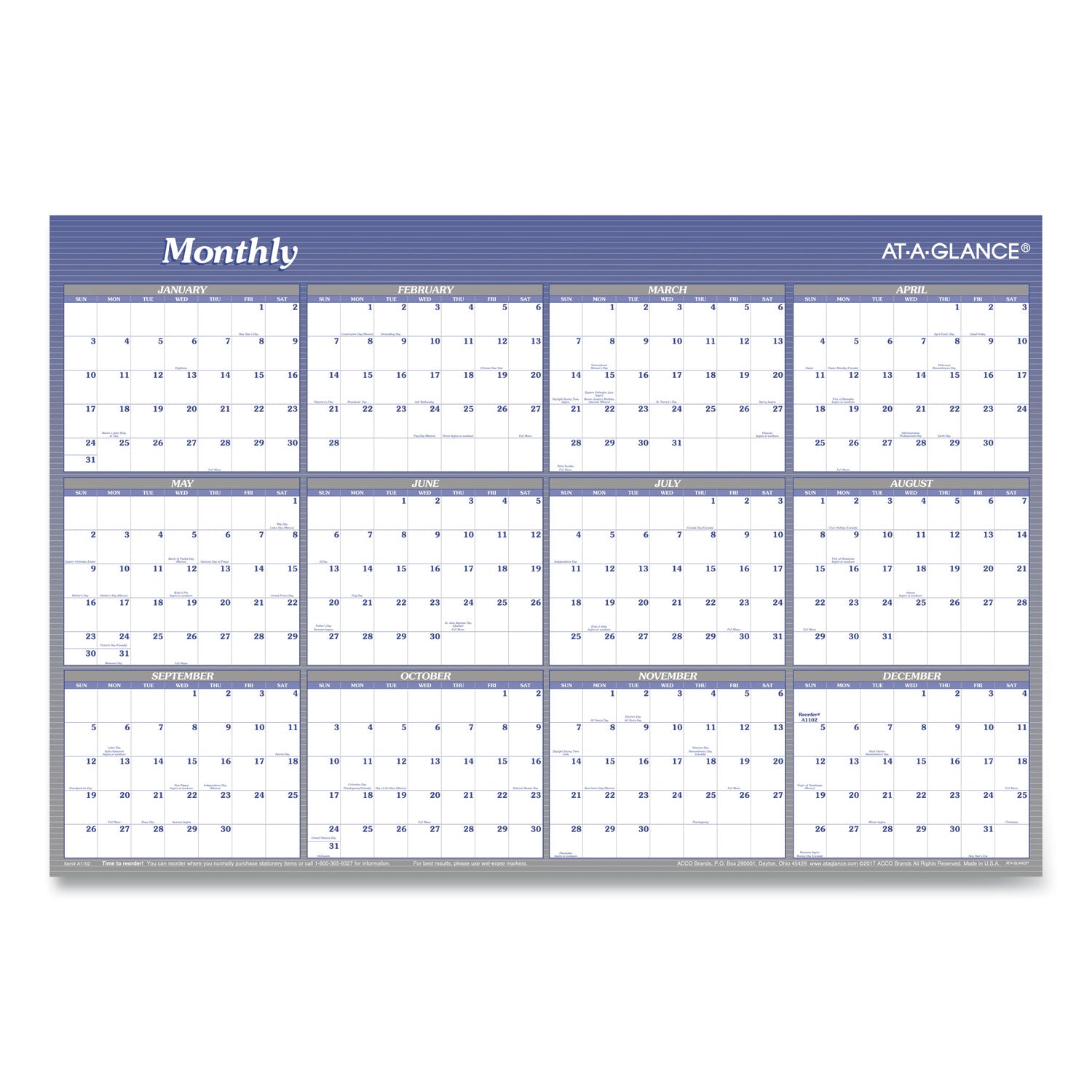 AT-A-GLANCE Vertical/Horizontal Erasable Quarterly/Monthly Wall Planner, 24 x 36, White/Blue Sheets, 12-Month (Jan to Dec): 2025 (A1102)