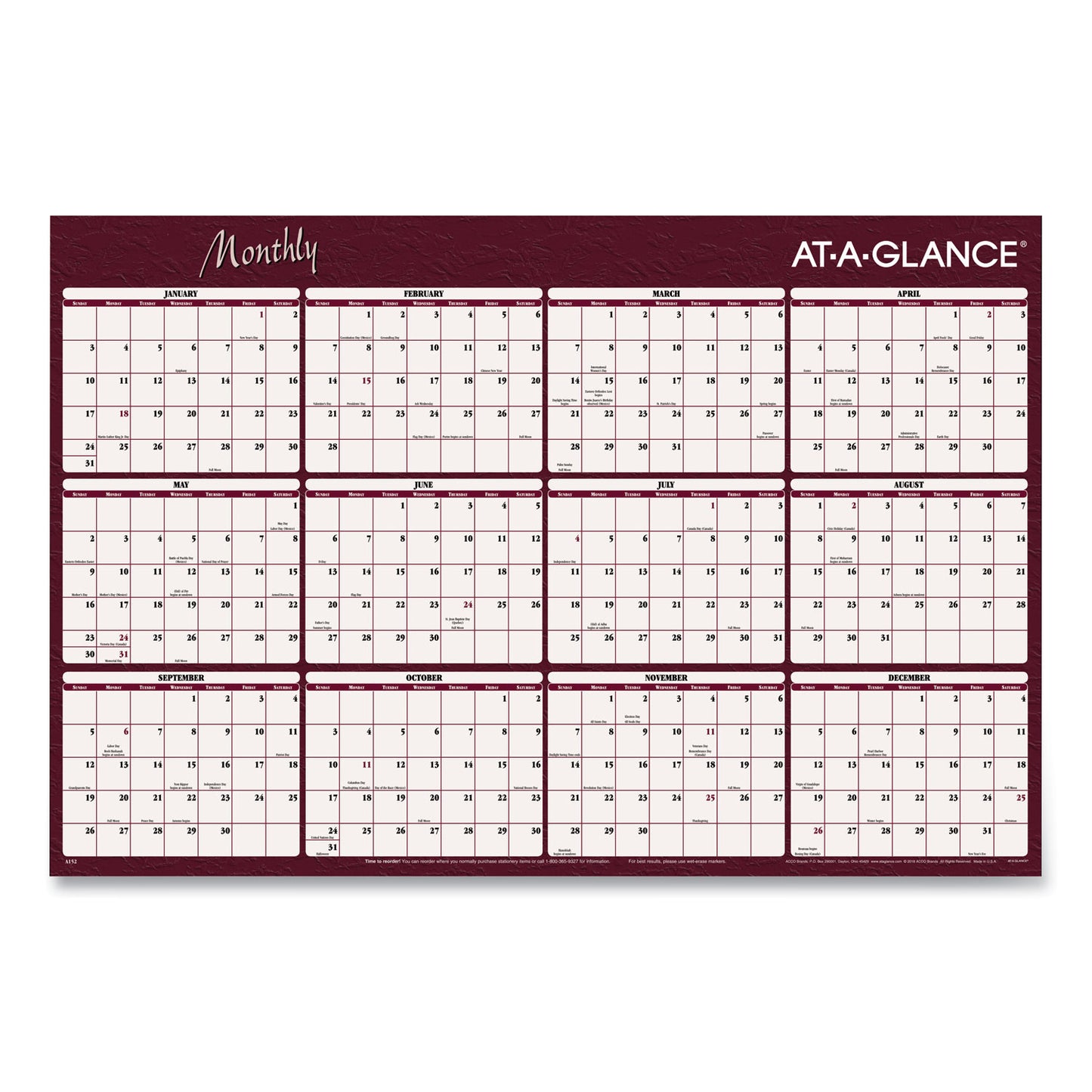 AT-A-GLANCE Reversible Horizontal Erasable Wall Planner, 48 x 32, Assorted Sheet Colors, 12-Month (Jan to Dec): 2025 (A152)