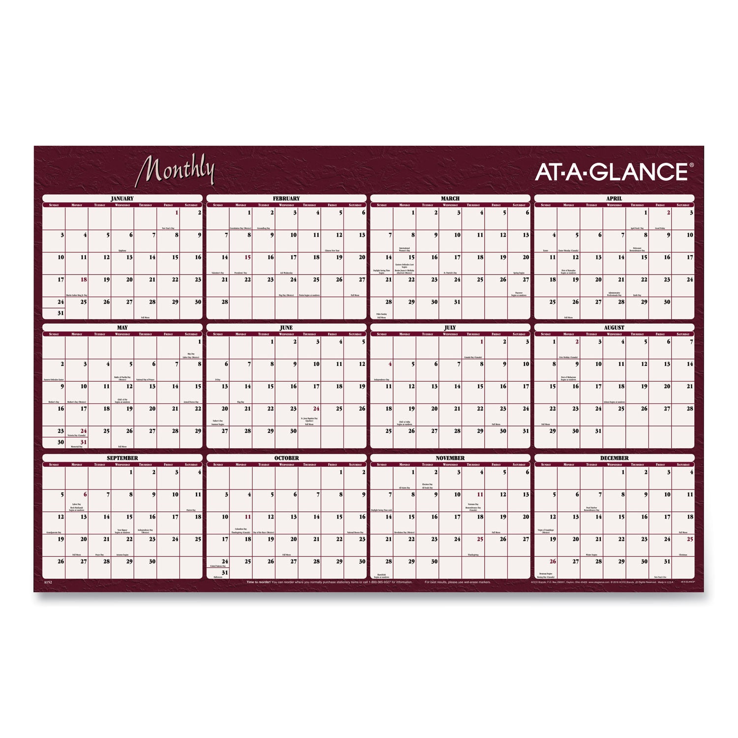 AT-A-GLANCE Reversible Horizontal Erasable Wall Planner, 48 x 32, Assorted Sheet Colors, 12-Month (Jan to Dec): 2025 (A152)