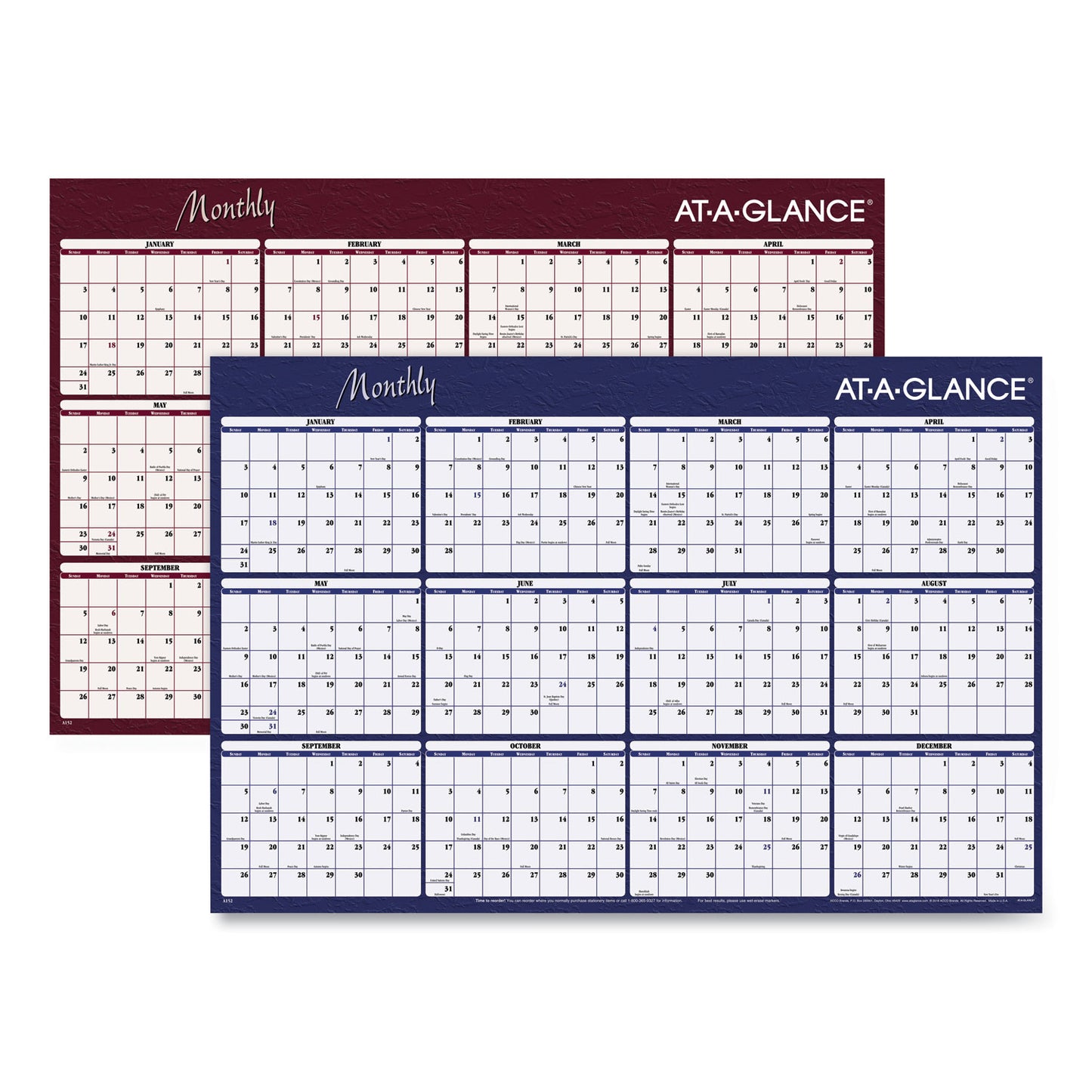 AT-A-GLANCE Reversible Horizontal Erasable Wall Planner, 48 x 32, Assorted Sheet Colors, 12-Month (Jan to Dec): 2025 (A152)