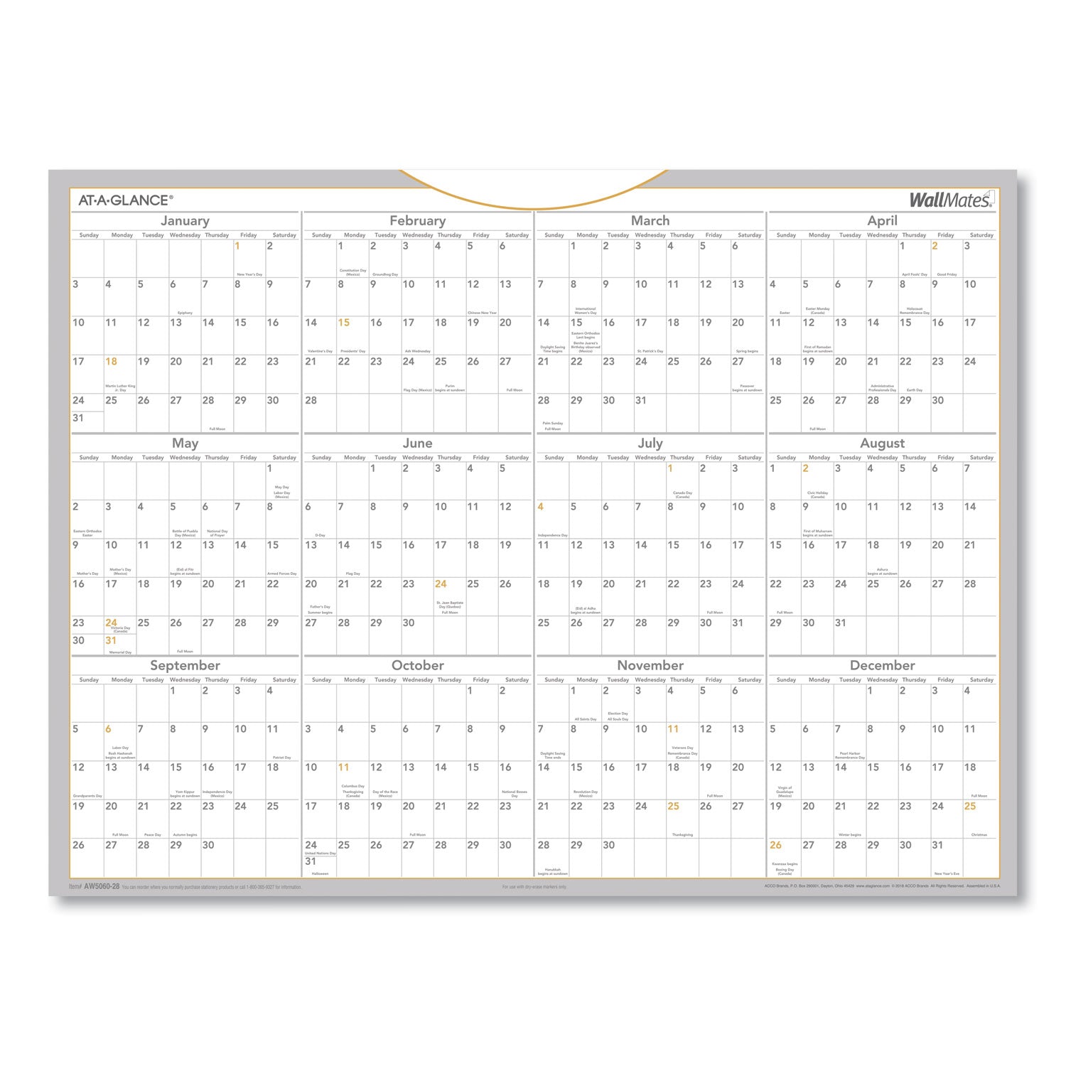 AT-A-GLANCE WallMates Self-Adhesive Dry Erase Yearly Planning Surfaces, 24 x 18, White/Gray/Orange Sheets, 12-Month (Jan to Dec): 2025 (AW506028)