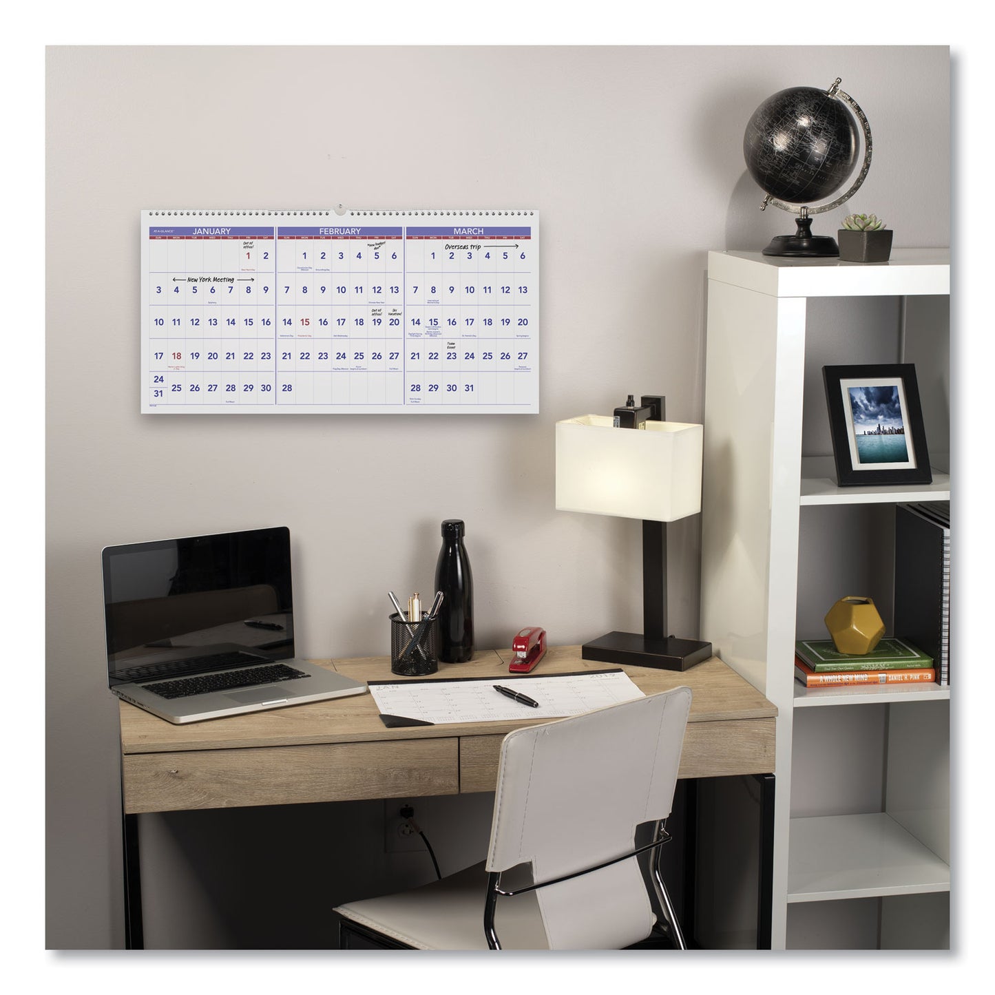 AT-A-GLANCE Deluxe Three-Month Reference Wall Calendar, Horizontal Orientation, 24 x 12, White Sheets, 15-Month: Dec 2024 to Feb 2026 (PM1428)