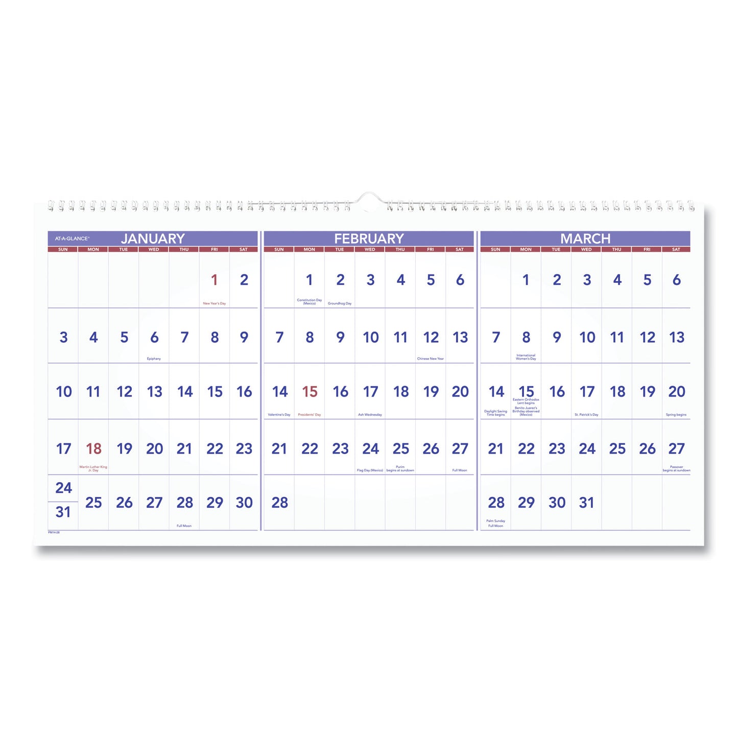 AT-A-GLANCE Deluxe Three-Month Reference Wall Calendar, Horizontal Orientation, 24 x 12, White Sheets, 15-Month: Dec 2024 to Feb 2026 (PM1428)