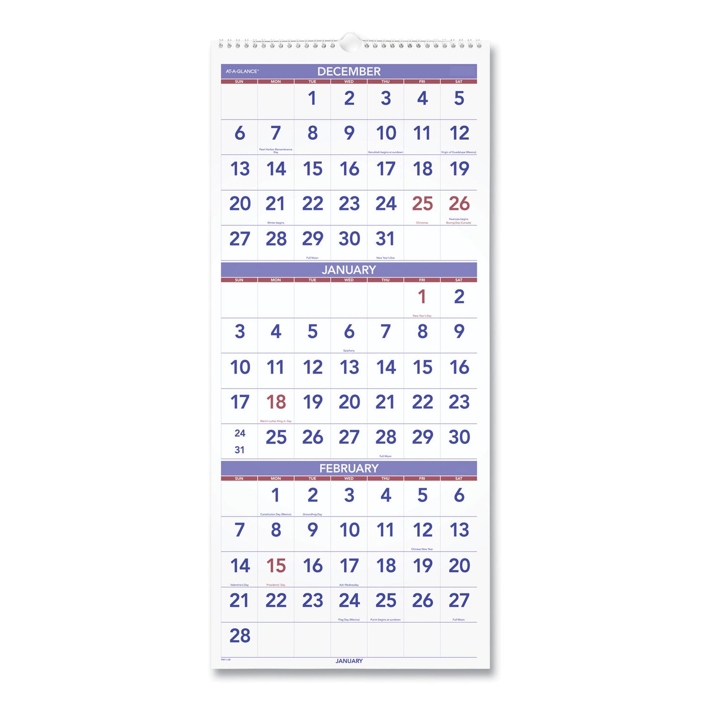 AT-A-GLANCE Deluxe Three-Month Reference Wall Calendar, Vertical Orientation, 12 x 27, White Sheets, 14-Month: Dec 2024 to Jan 2026 (PM1128)