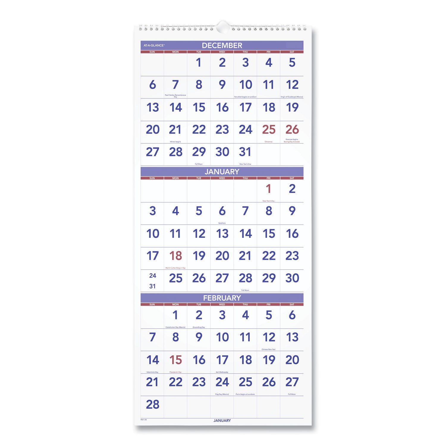 AT-A-GLANCE Deluxe Three-Month Reference Wall Calendar, Vertical Orientation, 12 x 27, White Sheets, 14-Month: Dec 2024 to Jan 2026 (PM1128)