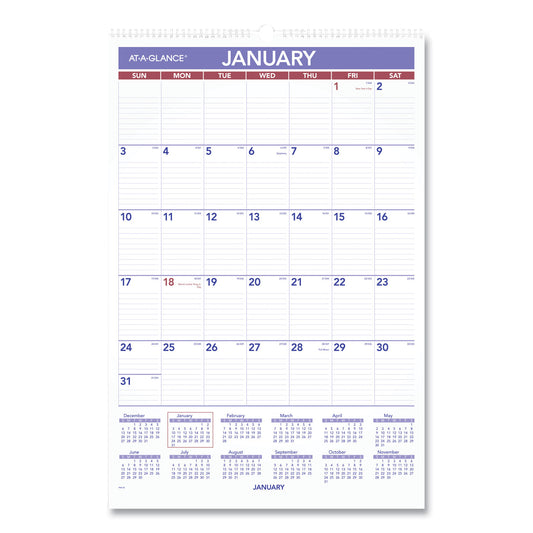 AT-A-GLANCE Monthly Wall Calendar with Ruled Daily Blocks, 15.5 x 22.75, White Sheets, 12-Month (Jan to Dec): 2025 (PM328)