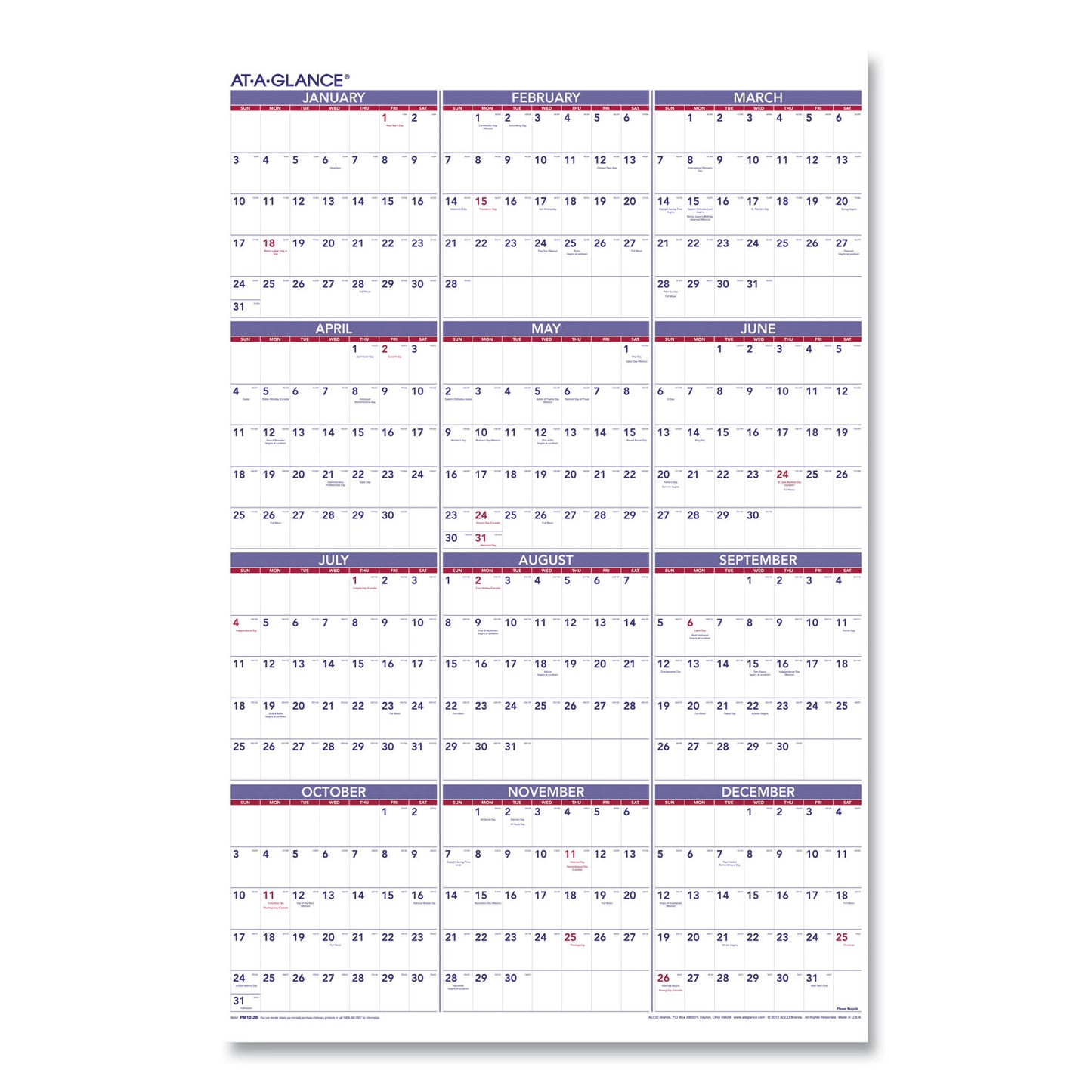 AT-A-GLANCE Yearly Wall Calendar, 24 x 36, White Sheets, 12-Month (Jan to Dec): 2025 (PM1228)