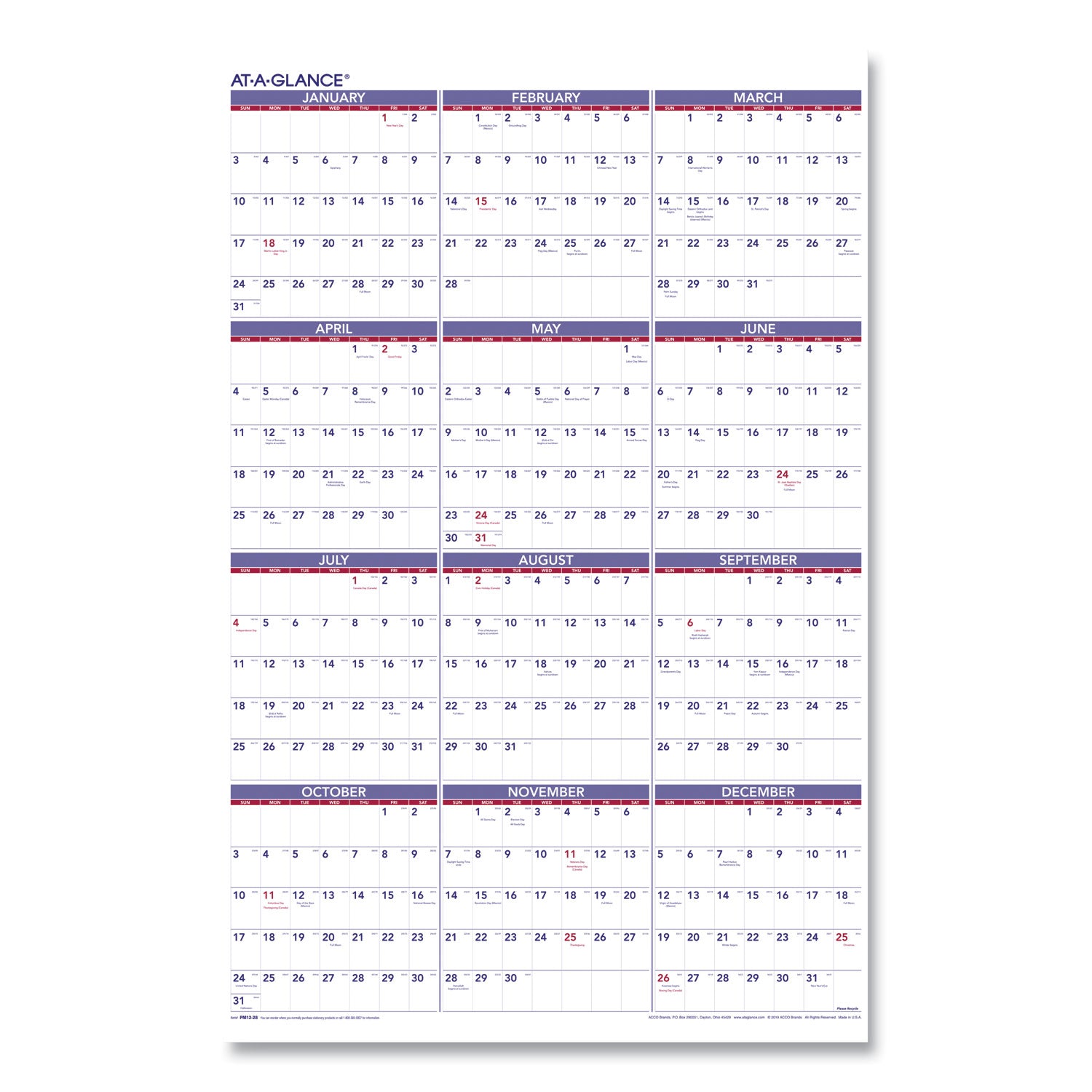 AT-A-GLANCE Yearly Wall Calendar, 24 x 36, White Sheets, 12-Month (Jan to Dec): 2025 (PM1228)