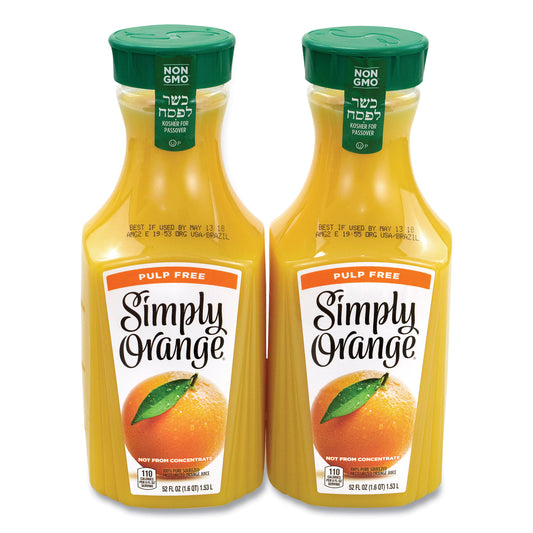 Simply Orange Orange Juice Pulp Free, 52 oz Bottle, 2/Pack (90200102)