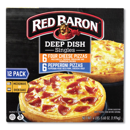 Red Baron Deep Dish Pizza Singles Variety Pack, Four Cheese/Pepperoni, 5.5 oz Pack, 12 Packs/Carton (90300007)