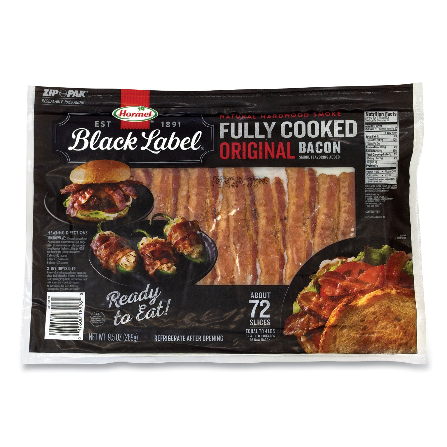 Hormel Black Label Fully Cooked Bacon, Original, 9.5 oz Package, Approximately 72 Slices/Carton (90200109)