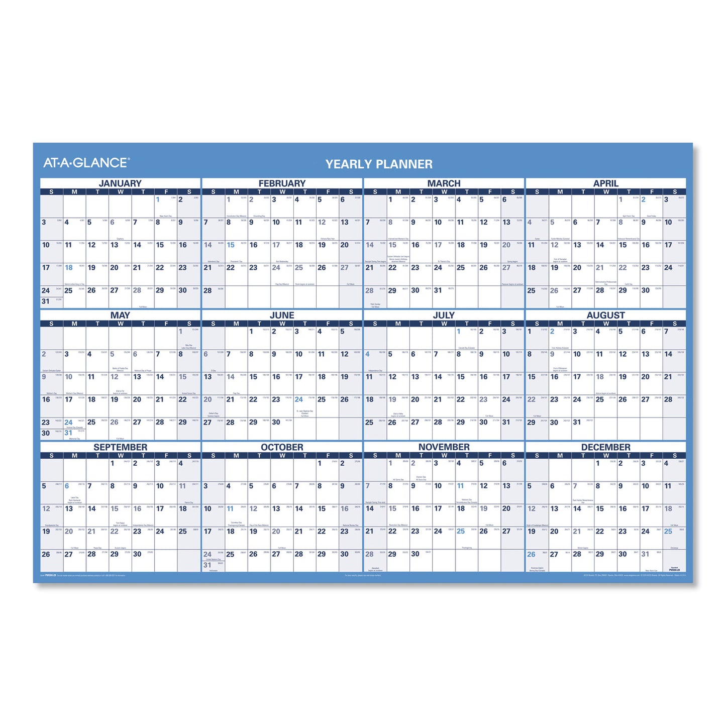 AT-A-GLANCE Horizontal Reversible/Erasable Wall Planner, 48 x 32, White/Blue Sheets, 12-Month (Jan to Dec): 2025 (PM30028)