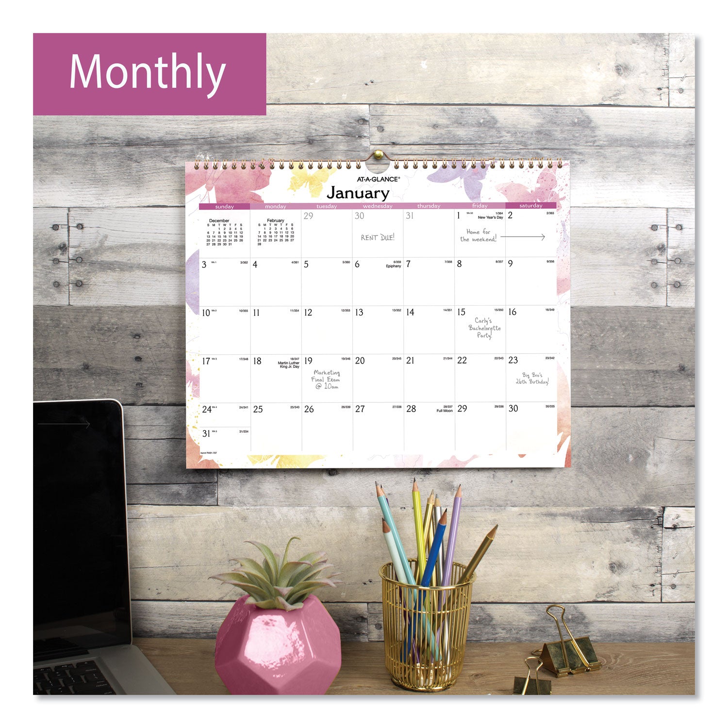 AT-A-GLANCE Watercolors Recycled Monthly Wall Calendar, Butterflies Artwork, 15 x 12, White/Multicolor Sheets, 12-Month (Jan-Dec): 2025 (PM91707)