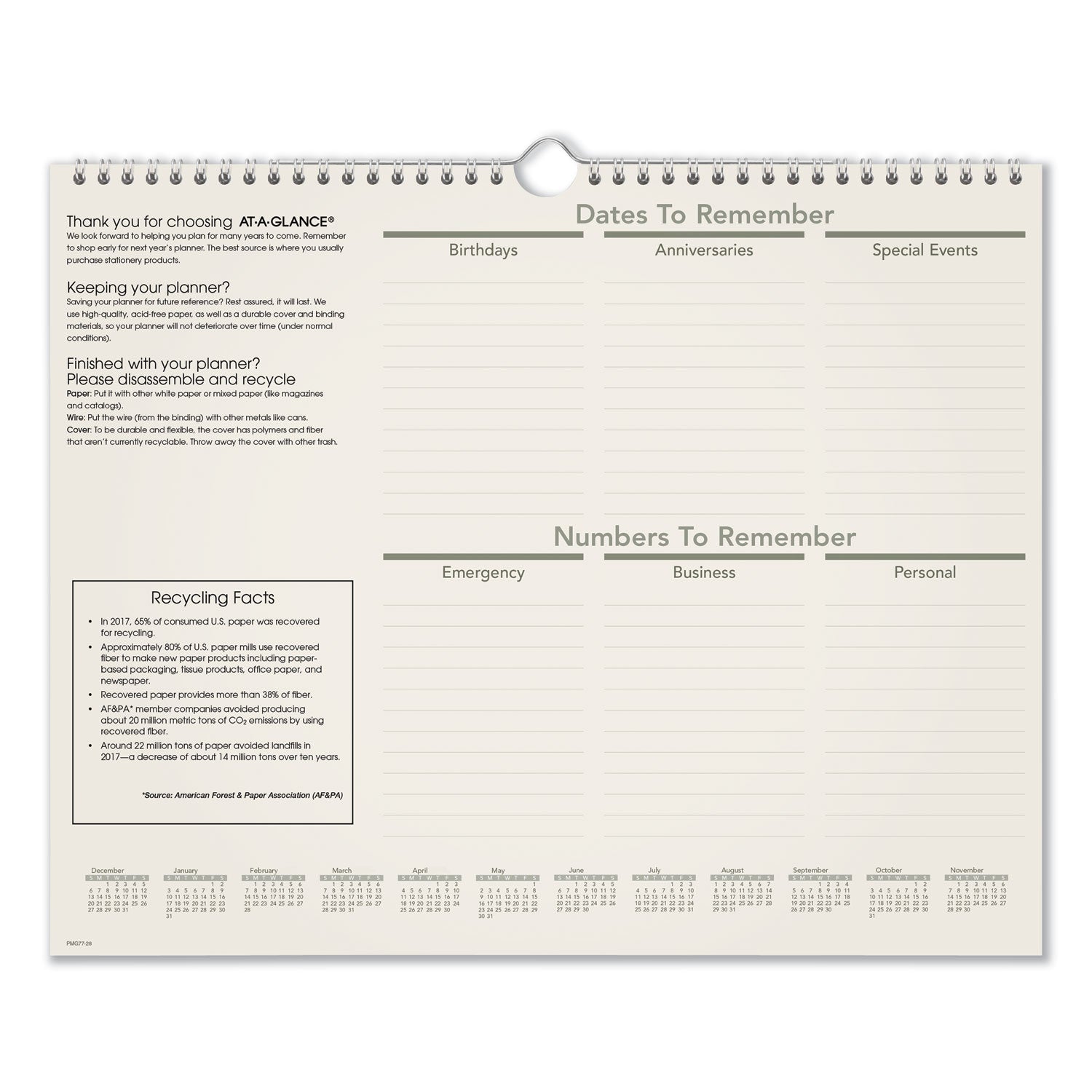 AT-A-GLANCE Recycled Wall Calendar, Unruled Blocks, 15 x 12, Sand/Green Sheets, 12-Month (Jan to Dec): 2025 (PMG7728)