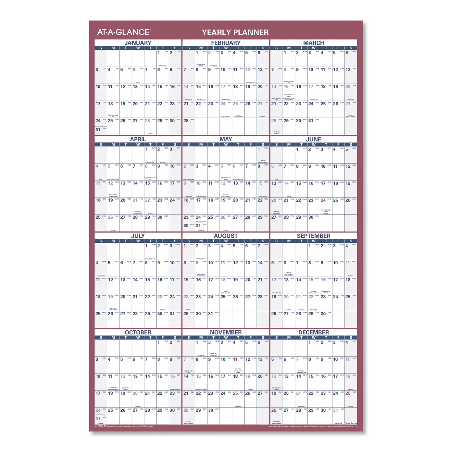 AT-A-GLANCE Vertical/Horizontal Wall Calendar, 24 x 36, White/Blue/Red Sheets, 12-Month (Jan to Dec): 2025 (PM21228)