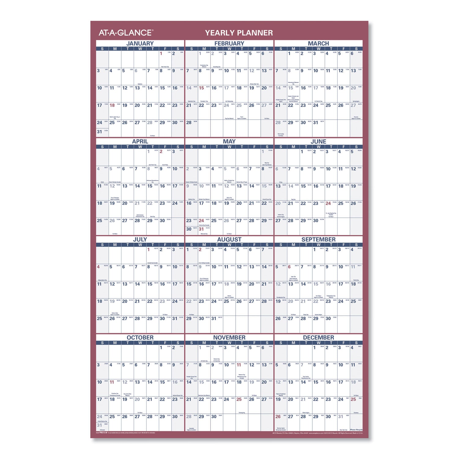 AT-A-GLANCE Vertical/Horizontal Wall Calendar, 24 x 36, White/Blue/Red Sheets, 12-Month (Jan to Dec): 2025 (PM21228)