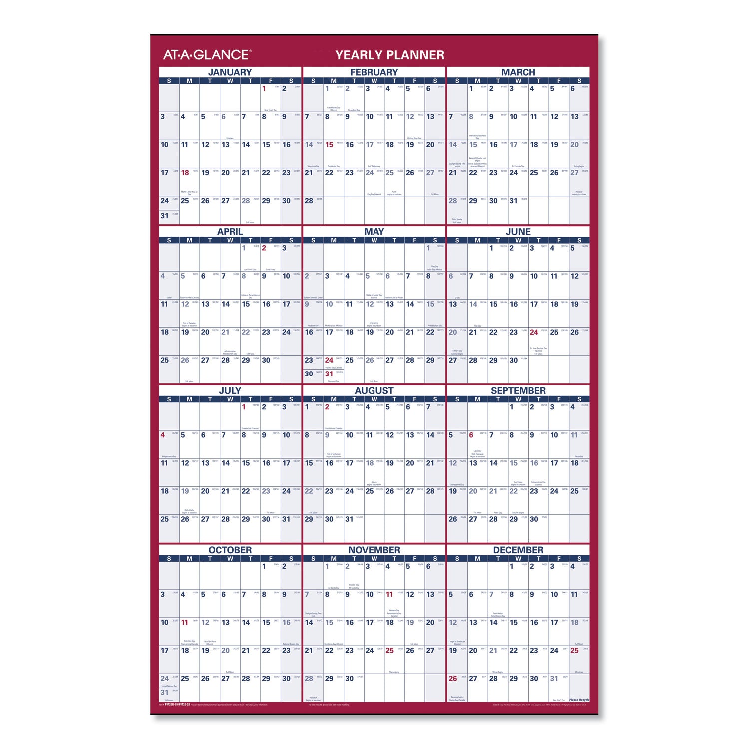 AT-A-GLANCE Erasable Vertical/Horizontal Wall Planner, 24 x 36, White/Blue/Red Sheets, 12-Month (Jan to Dec): 2025 (PM2628)