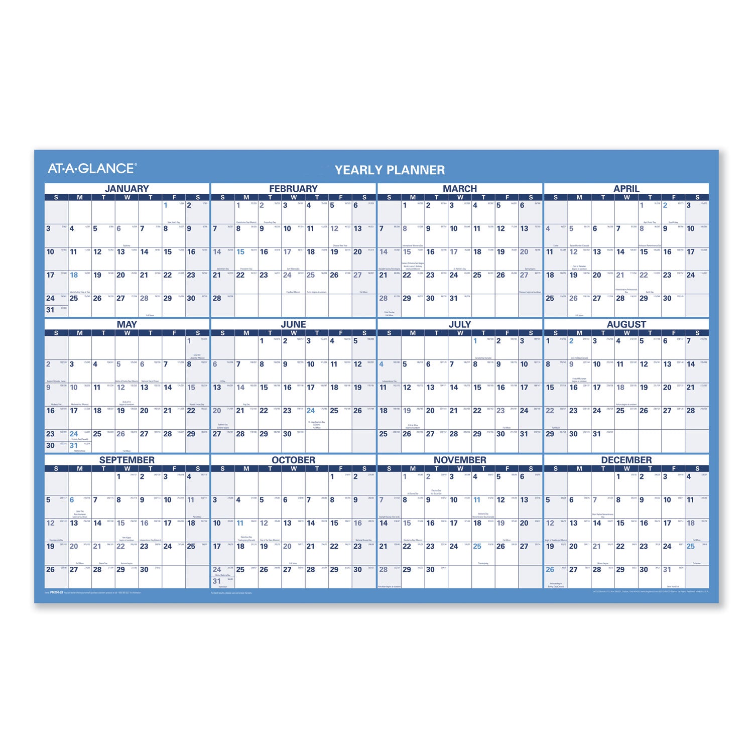 AT-A-GLANCE Horizontal Reversible/Erasable Wall Planner, 36 x 24, White/Blue Sheets, 12-Month (Jan to Dec): 2025 (PM20028)