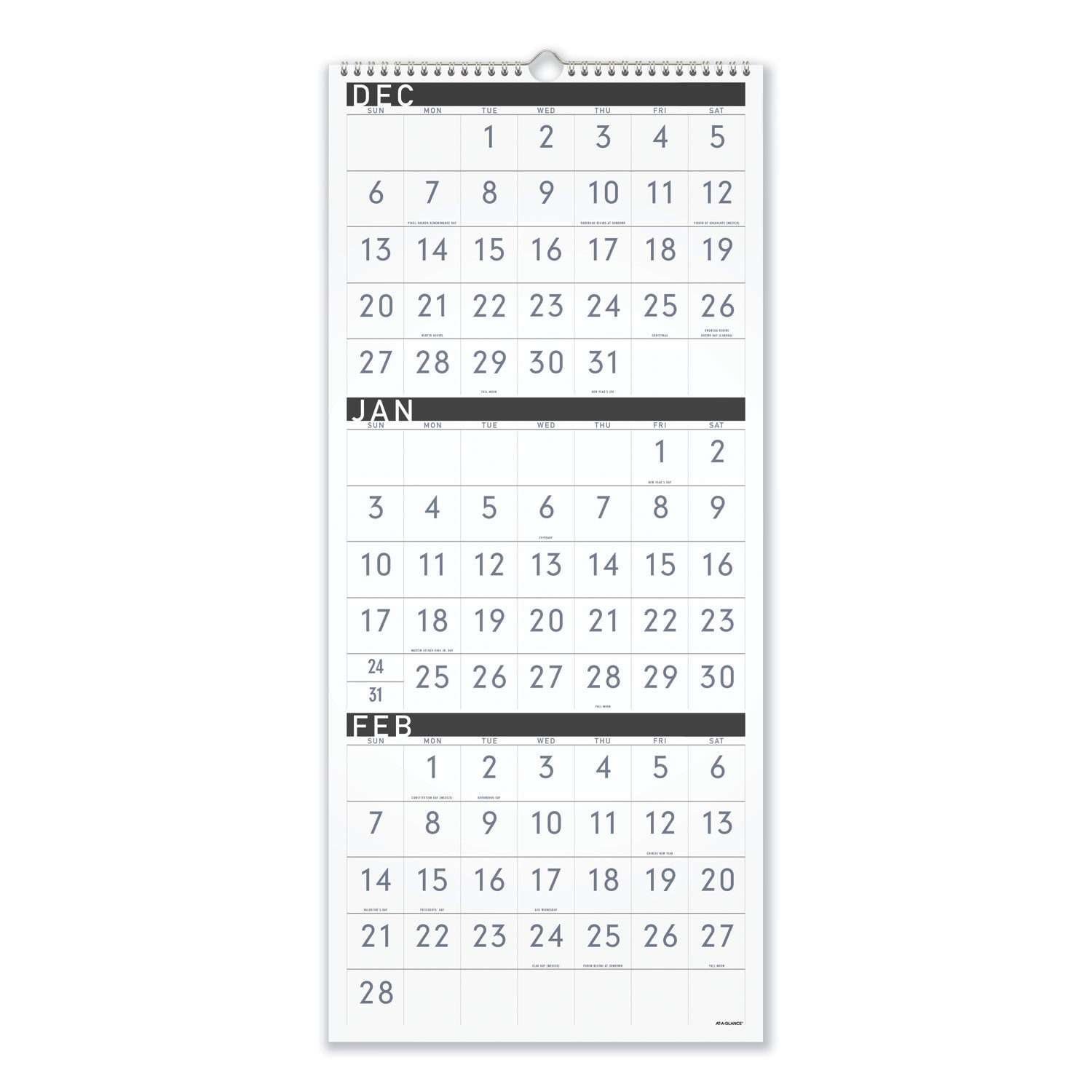 AT-A-GLANCE Three-Month Reference Wall Calendar, Contemporary Artwork/Formatting, 12 x 27, White Sheets, 15-Month: Dec 2024 to Feb 2026 (PM11X28)