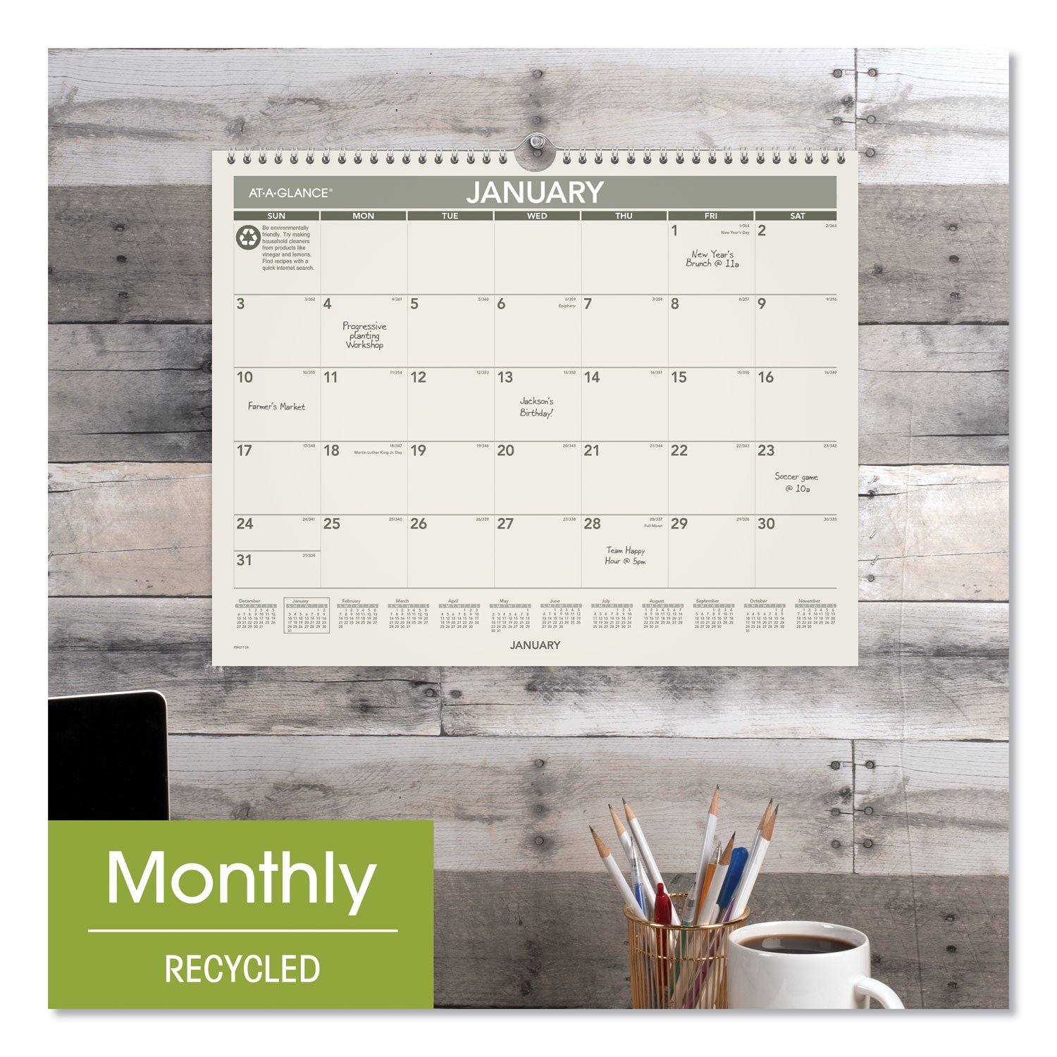 AT-A-GLANCE Recycled Wall Calendar, Unruled Blocks, 15 x 12, Sand/Green Sheets, 12-Month (Jan to Dec): 2025 (PMG7728)