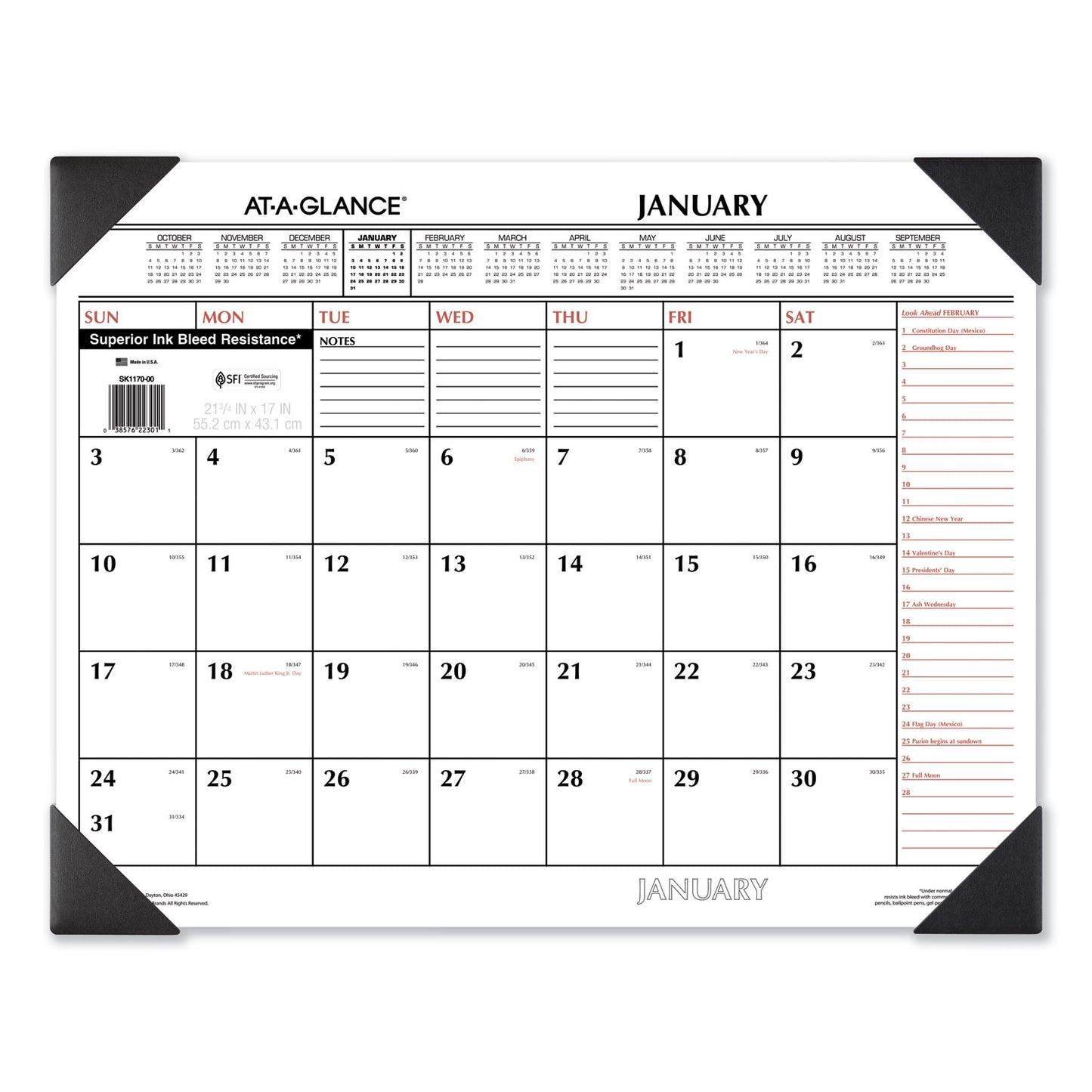 AT-A-GLANCE Two-Color Monthly Desk Pad Calendar, 22 x 17, White Sheets, Black Corners, 12-Month (Jan to Dec): 2025 (SK117000)