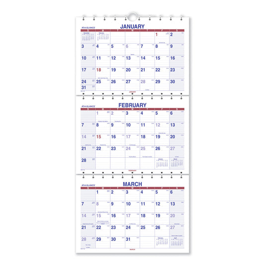 AT-A-GLANCE Move-A-Page Three-Month Wall Calendar, 12 x 27, White/Red/Blue Sheets, 15-Month: Dec 2024 to Feb 2026 (PMLF1128)