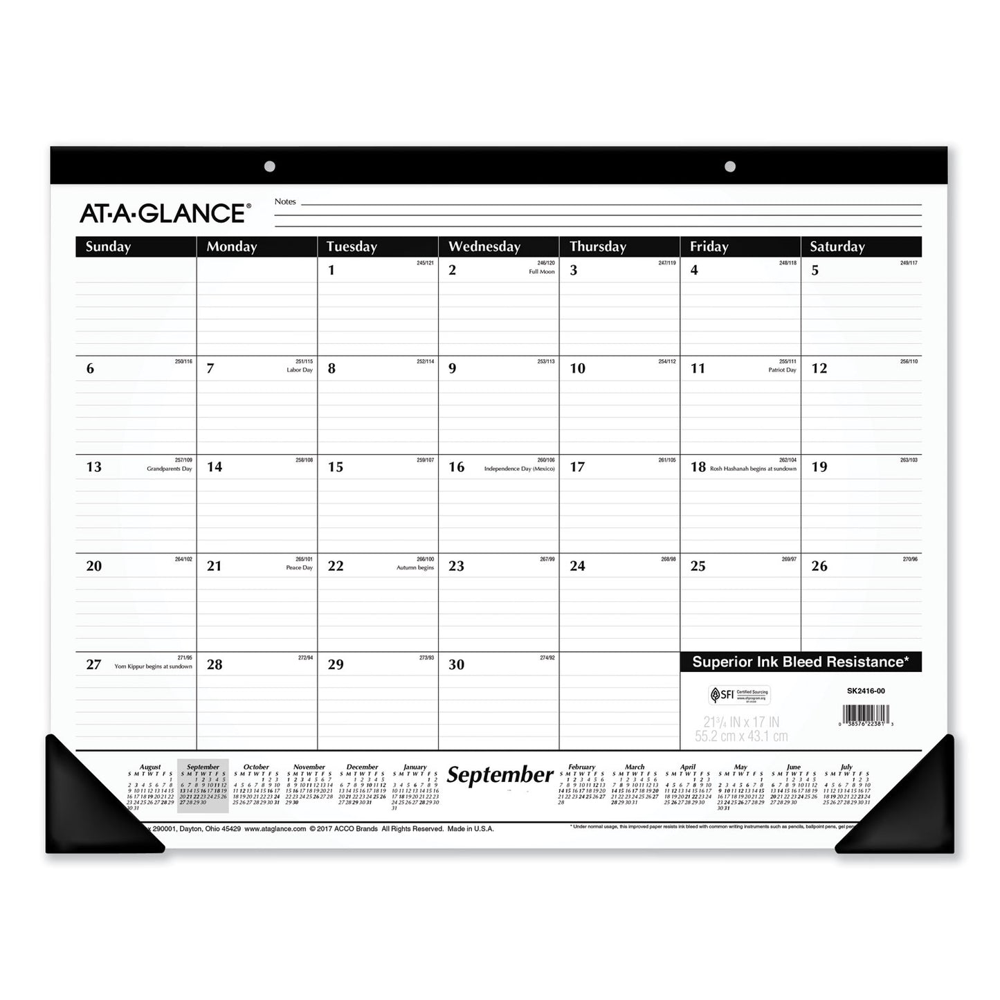 AT-A-GLANCE Academic Year Ruled Desk Pad, 21.75 x 17, White Sheets, Black Binding, Black Corners, 16-Month (Sept to Dec): 2024 to 2025 (SK241600)