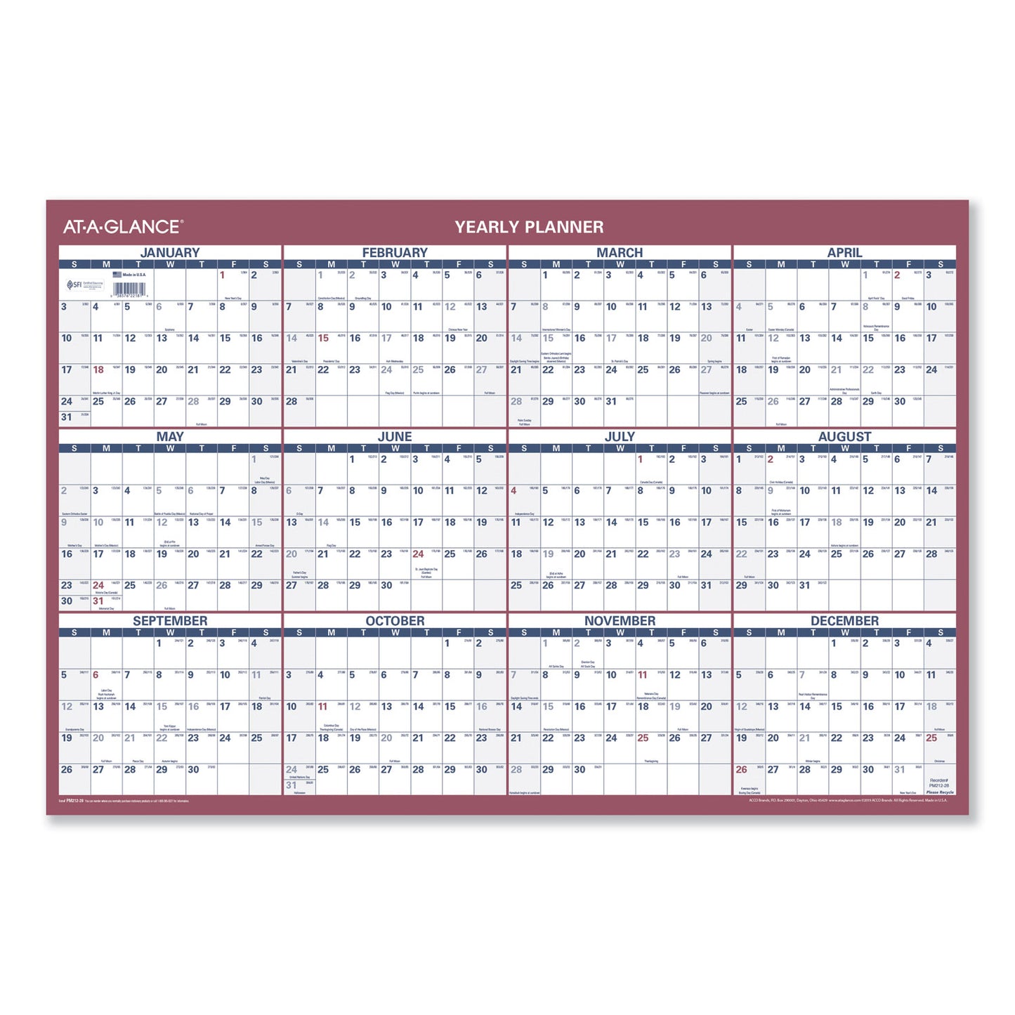 AT-A-GLANCE Vertical/Horizontal Wall Calendar, 24 x 36, White/Blue/Red Sheets, 12-Month (Jan to Dec): 2025 (PM21228)