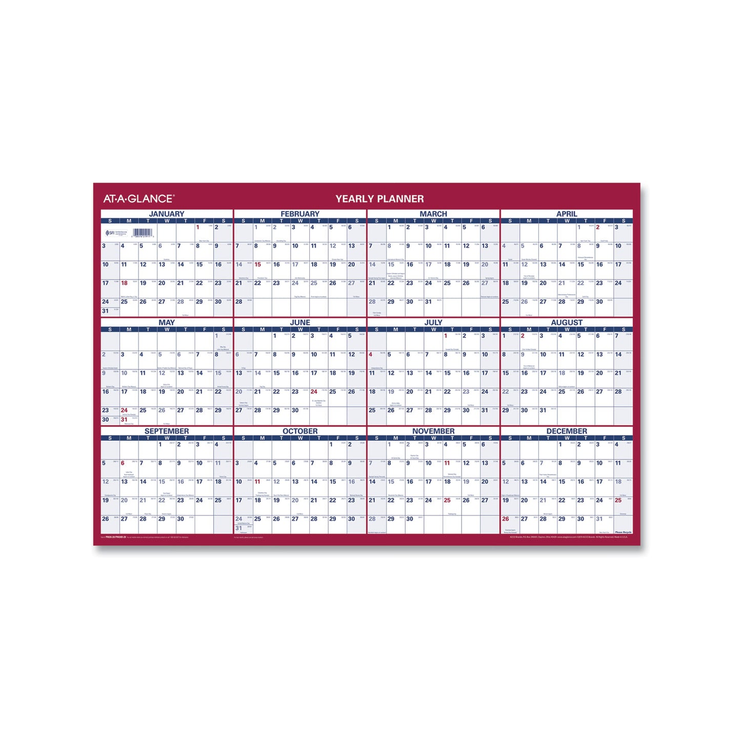 AT-A-GLANCE Erasable Vertical/Horizontal Wall Planner, 24 x 36, White/Blue/Red Sheets, 12-Month (Jan to Dec): 2025 (PM2628)