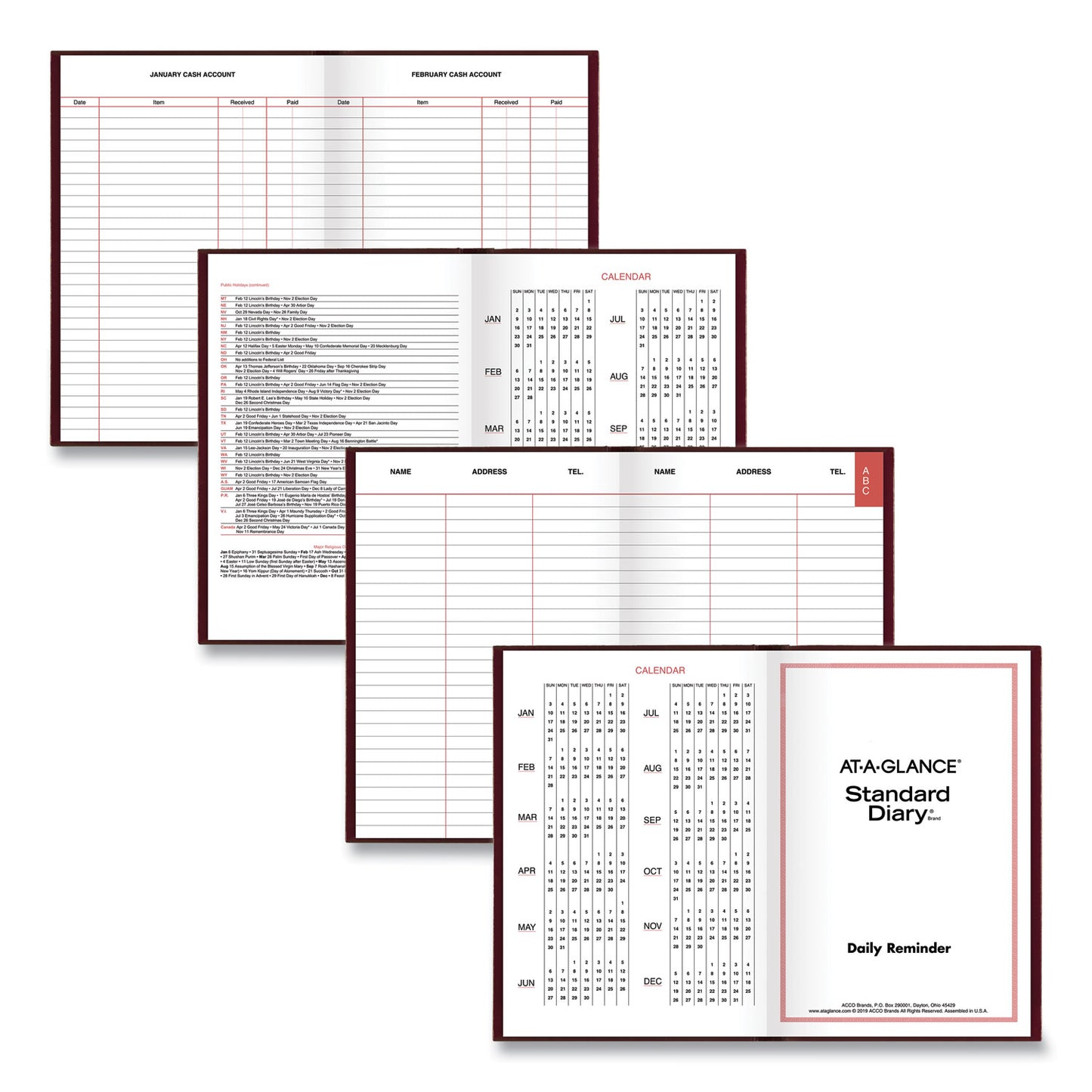AT-A-GLANCE Standard Diary Daily Reminder Book, 2025 Edition, Medium/College Rule, Red Cover, (201) 7.5 x 5.13 Sheets (SD38713)
