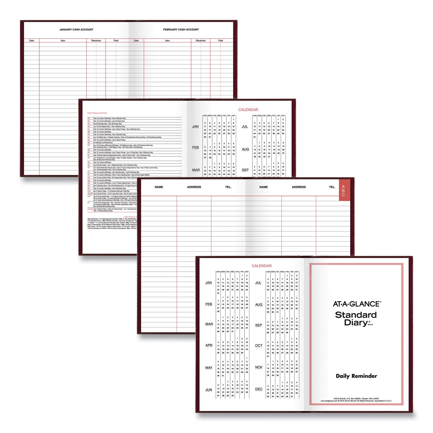AT-A-GLANCE Standard Diary Daily Reminder Book, 2025 Edition, Medium/College Rule, Red Cover, (201) 7.5 x 5.13 Sheets (SD38713)