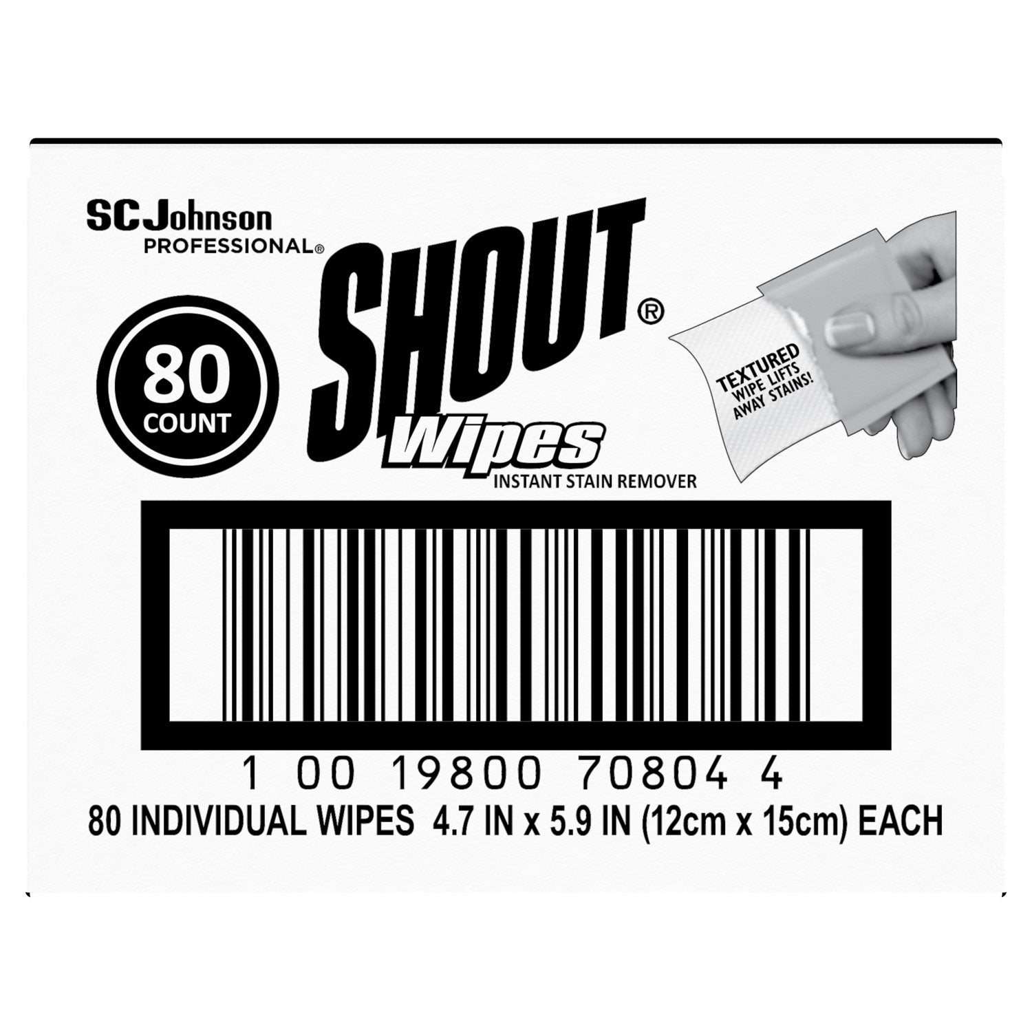 Shout Wipe and Go Instant Stain Remover, 4.7 x 5.9, Unscented, White, 80 Packets/Carton (686661)