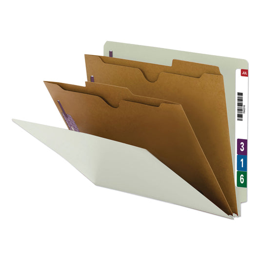 Smead X-Heavy End Tab Pressboard Classification Folders, Six SafeSHIELD Fasteners, 2 Dividers, Letter Size, Gray-Green, 10/Box (26710)
