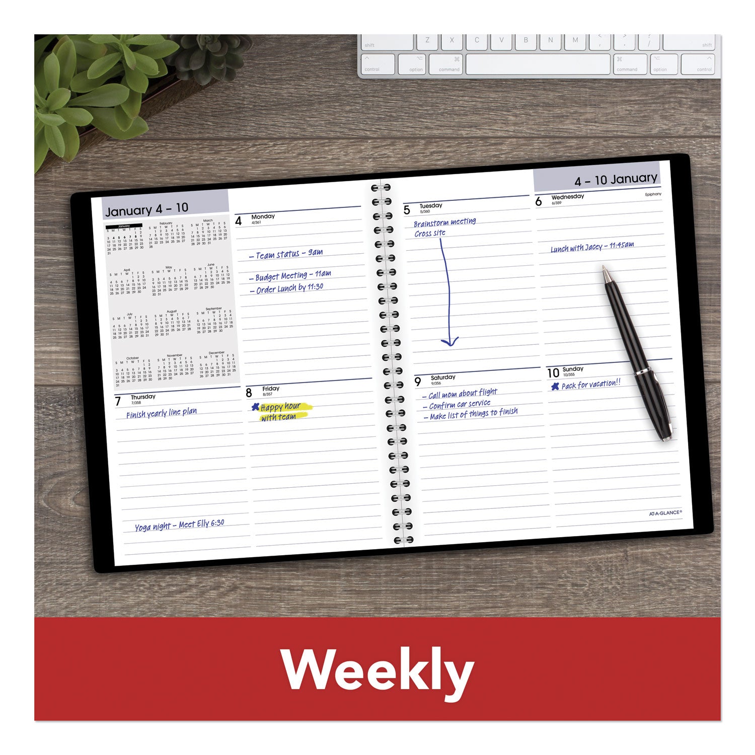AT-A-GLANCE DayMinder Open-Schedule Weekly Appointment Book, 8.75 x 7, Black Cover, 12-Month (Jan to Dec): 2025 (G53500)