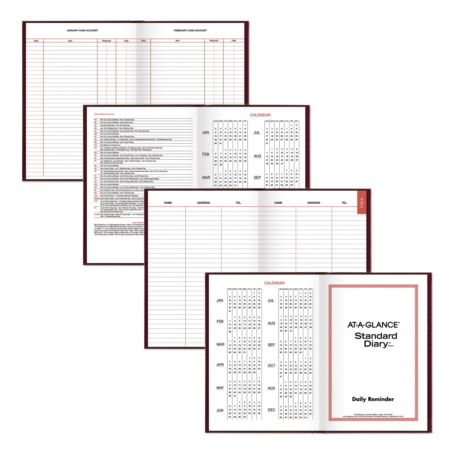 AT-A-GLANCE Standard Diary Daily Reminder Book, 2025 Edition, Medium/College Rule, Red Cover, (201) 8.25 x 5.75 Sheets (SD38913)