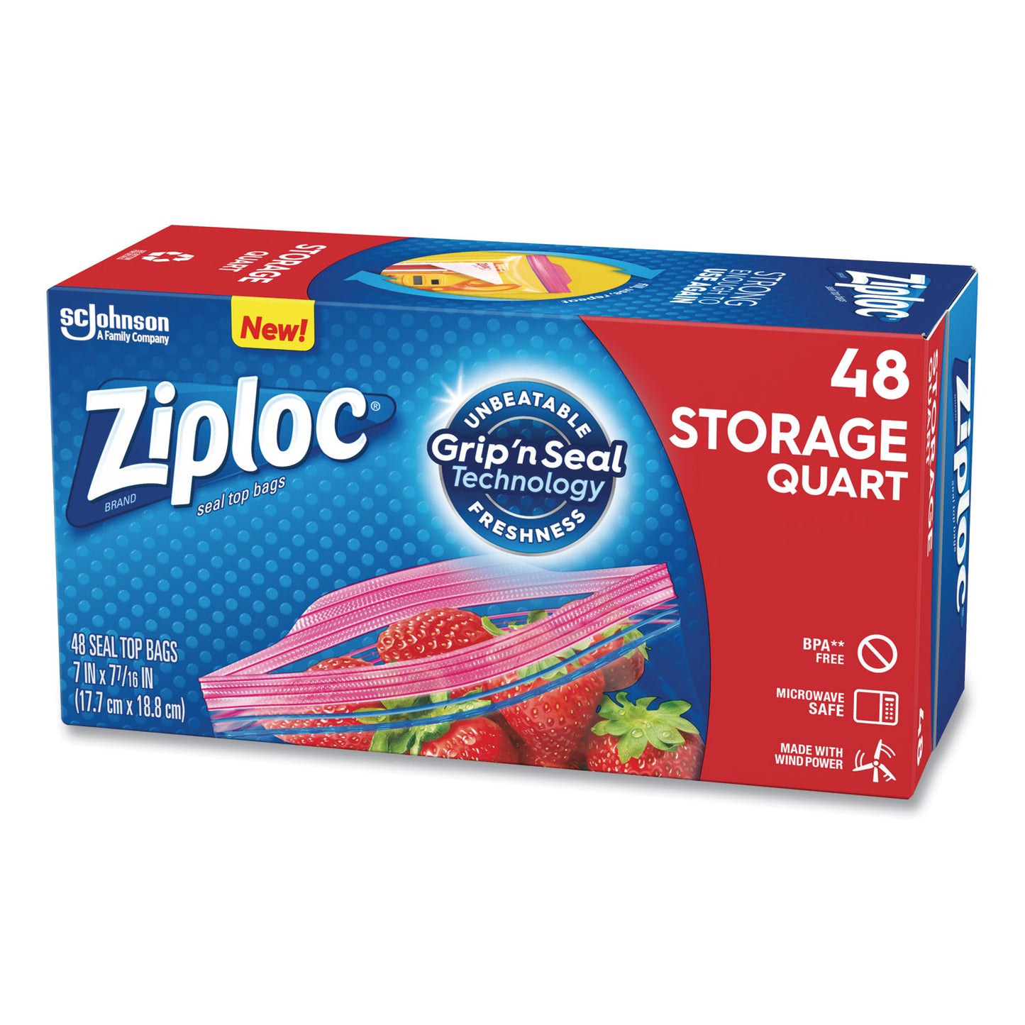 Ziploc Double Zipper Storage Bags, Triple System Seal, Quart, 9.63" x 8.5", Clear, 48/Box (314469BX)