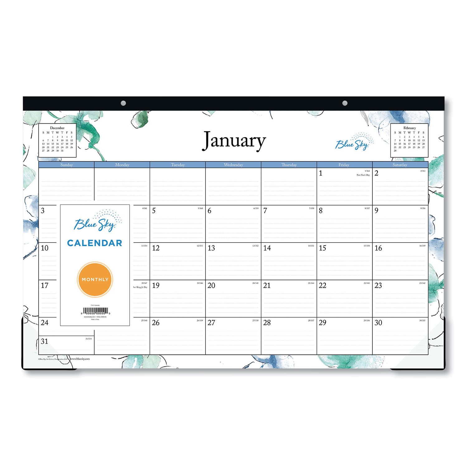 Blue Sky Lindley Desk Pad, Floral Artwork, 17 x 11, White/Blue/Green Sheets, Black Binding, Clear Corners, 12-Month (Jan to Dec): 2025 (100024)