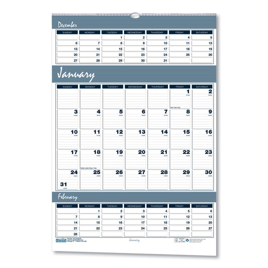 House of Doolittle Bar Harbor Recycled Wirebound 3-Months-per-Page Wall Calendar, 15.5 x 22, White/Blue/Gray, 14-Month: Dec 2024 to Jan 2026 (343)