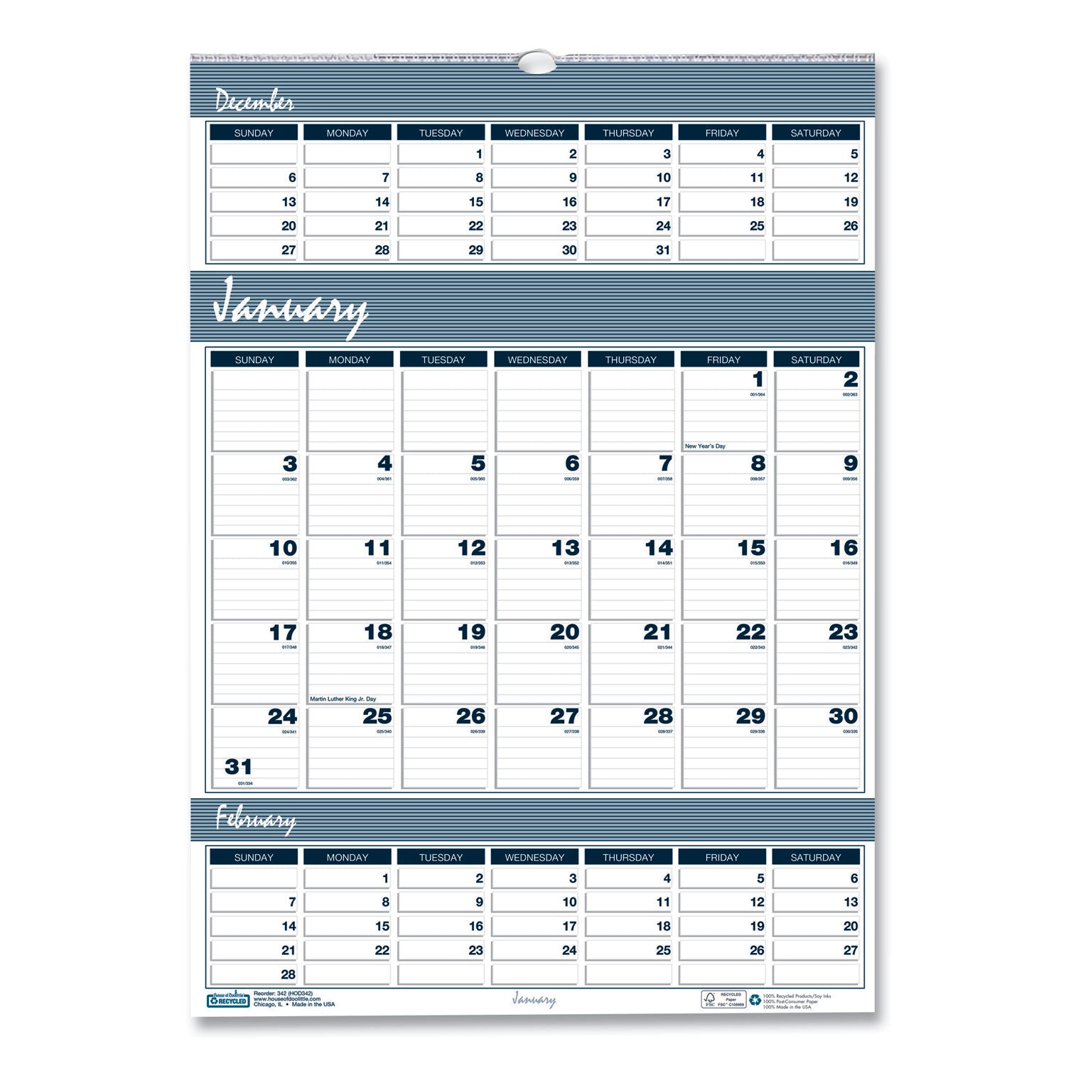 House of Doolittle Bar Harbor Recycled Wirebound 3-Months-per-Page Wall Calendar, 12 x 17, White/Blue/Gray, 14-Month: Dec 2024 to Jan 2026 (342)