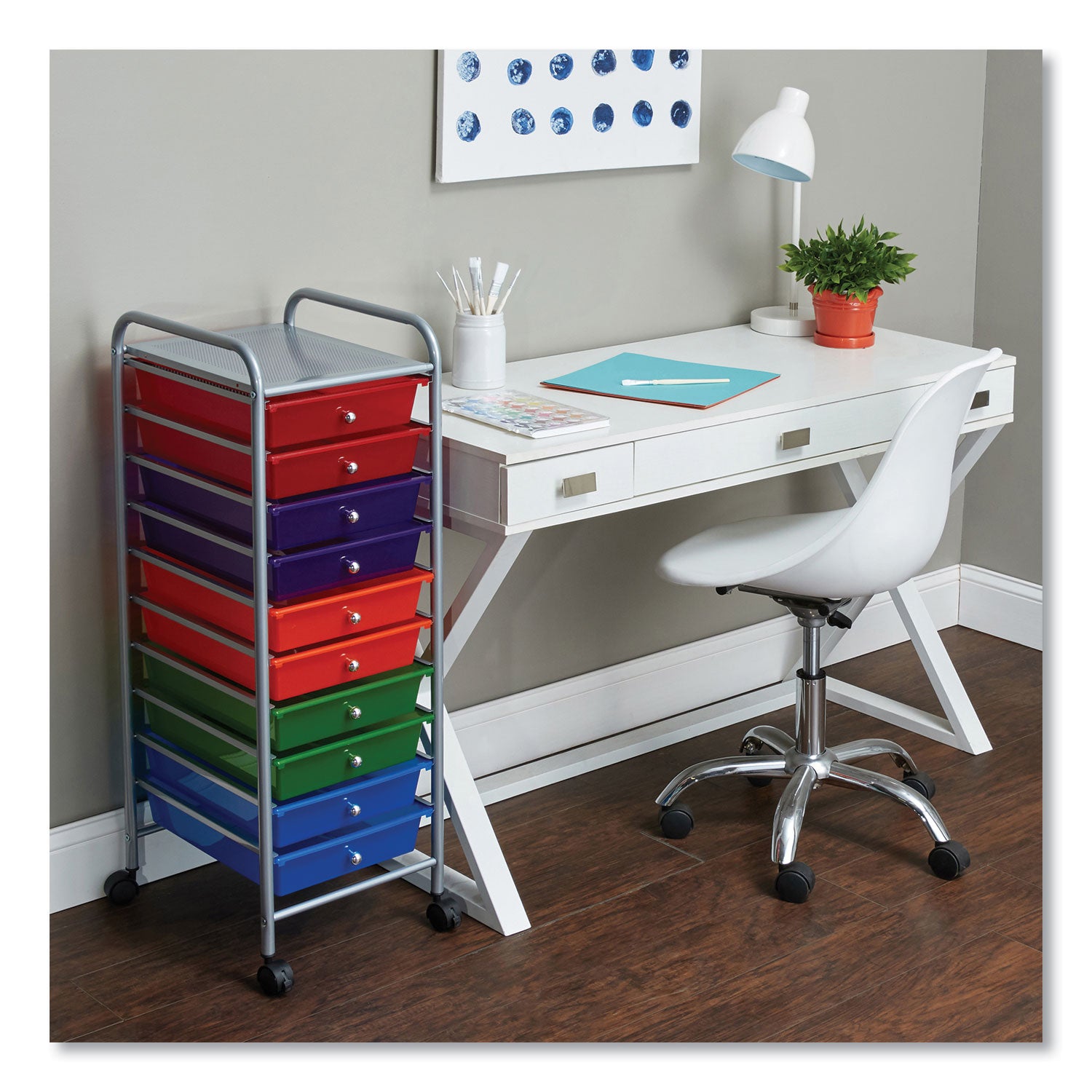 Advantus Portable Drawer Organizer, Metal, 1 Shelf, 10 Drawers, 13" x 15.38" x 37.75", Matte Gray/Assorted (34004)